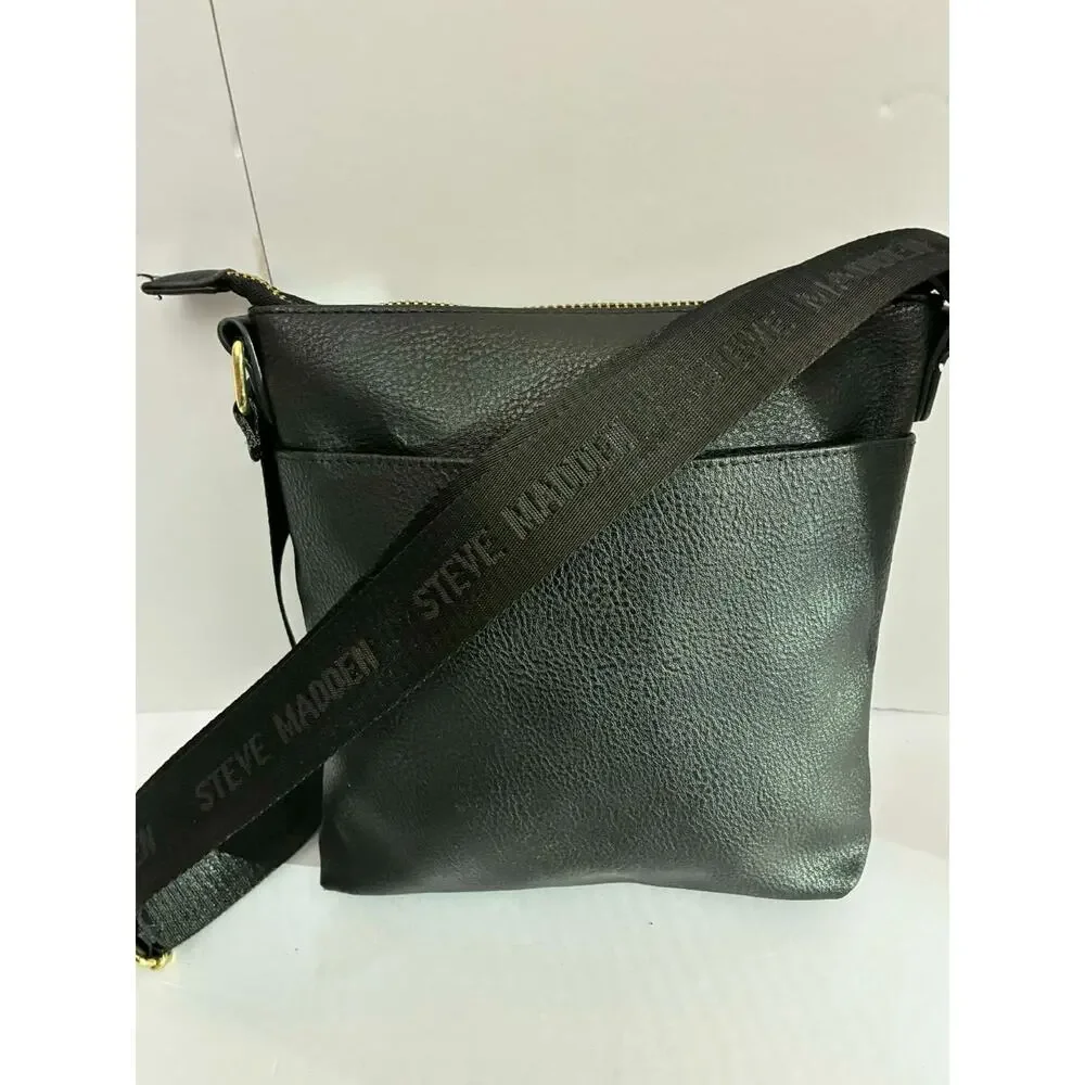 Steve Madden Black Embossed Logo Crossbody‎ Bag Adjustable Strap Zip Purse